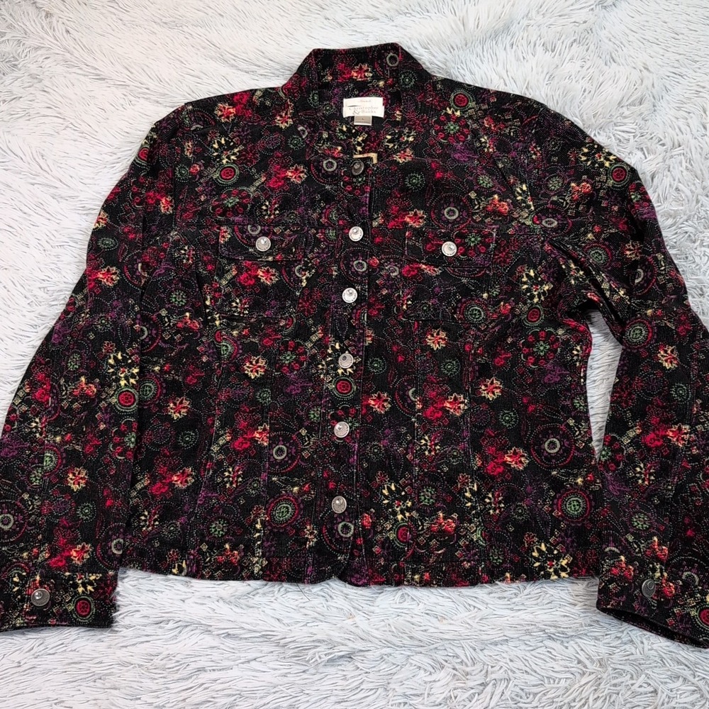 Christopher & Banks Jacket Womens L Black Paisley Corduroy Coat Comfort Button